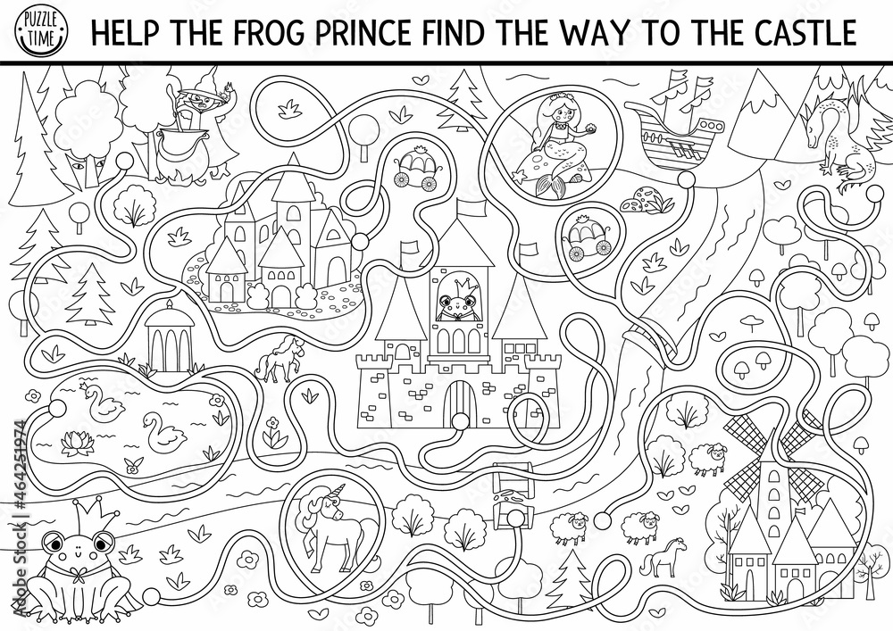 Black and white fairytale maze for kids with medieval village map. Magic kingdom line preschool printable activity. Fairy tale labyrinth game or puzzle. Coloring page with frog prince, castle.