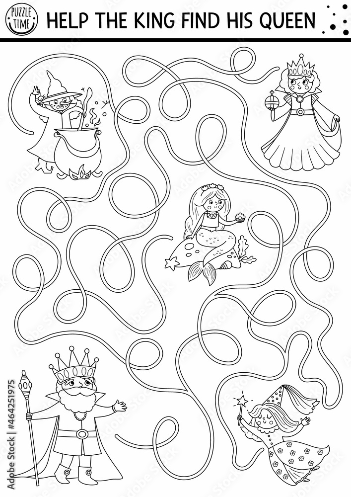Black and white fairytale maze for kids with fantasy characters. Magic kingdom line preschool printable activity with witch, fairy, mermaid. Fairy tale labyrinth game. Coloring page with king, queen.