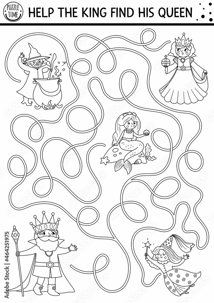 Black and white fairytale maze for kids with fantasy characters. Magic kingdom line preschool