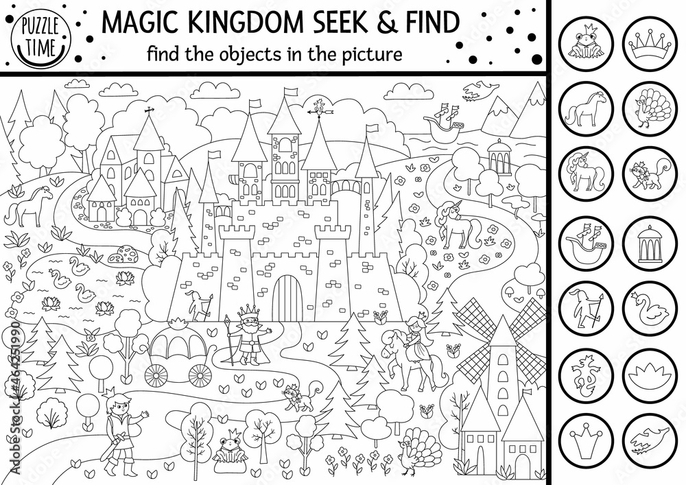 Vector black and white fairytale searching game with medieval castle landscape. Spot hidden objects in the picture. Simple fantasy seek and find magic kingdom printable activity or coloring page.