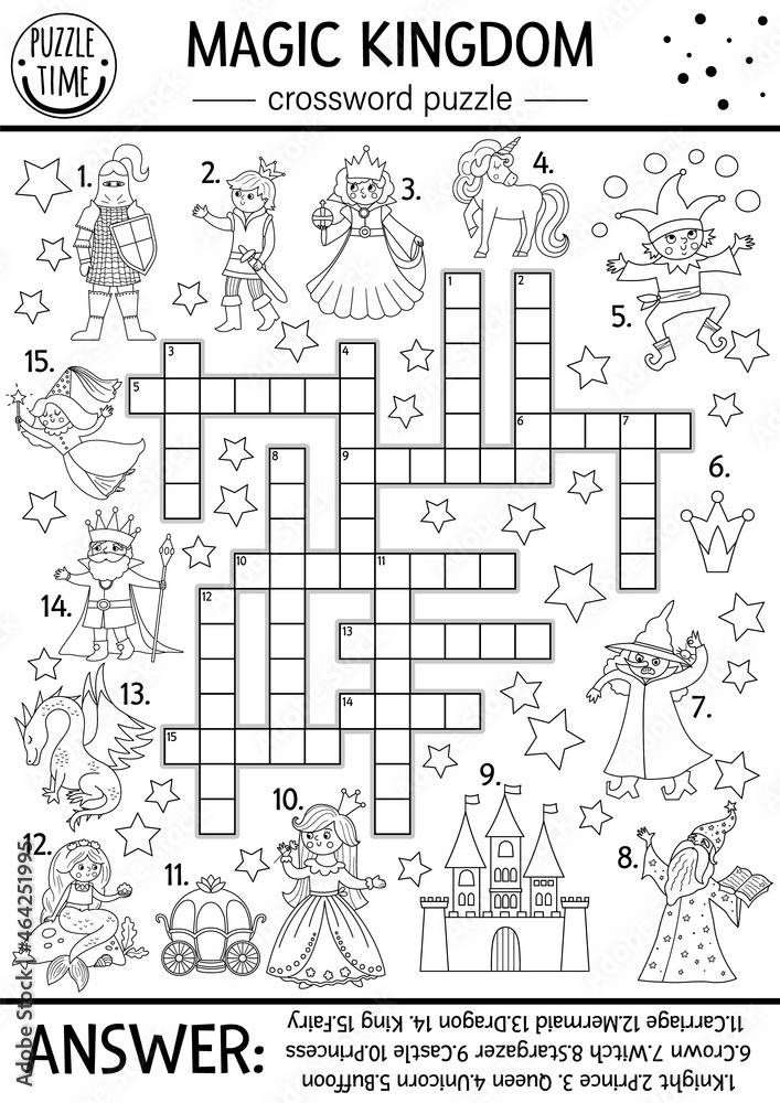 Vector fairytale black and white crossword puzzle for kids. Simple line magic kingdom quiz with fantasy creatures. Educational activity with castle, princess, unicorn. Cross word coloring page