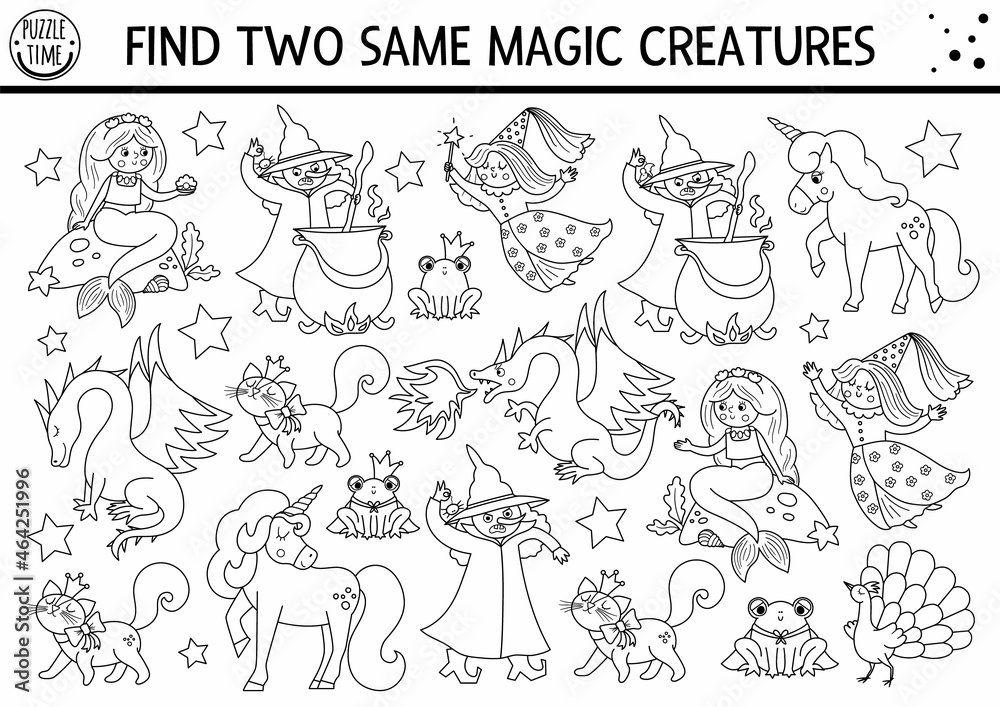 Find two same magic creatures. Black and white fairytale matching activity for children. Fantasy kingdom quiz worksheet or coloring page. Simple printable game with dragon, witch, unicorn. Find two same magic creatures. Black and white fairytale matching activity for children. Fantasy kingdom quiz worksheet or coloring page. Simple printable game with dragon, witch, unicorn.