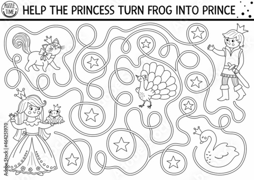 Black and white fairytale maze for kids with fantasy characters. Magic kingdom line preschool printable activity. Fairy tale labyrinth game or puzzle. Coloring page with princess  frog prince.