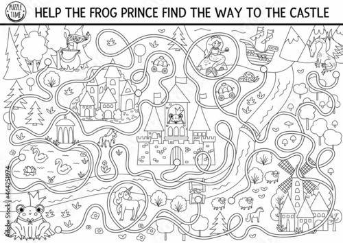 Black and white fairytale maze for kids with medieval village map. Magic kingdom line preschool printable activity. Fairy tale labyrinth game or puzzle. Coloring page with frog prince, castle.