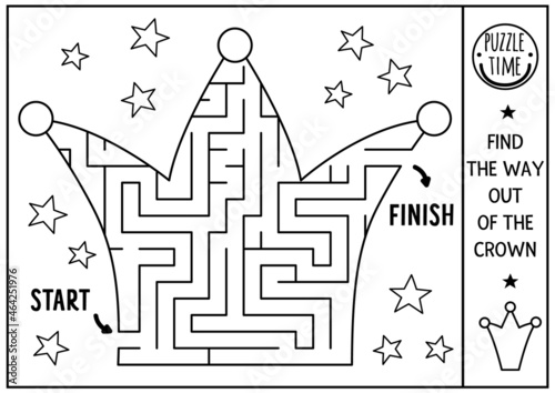 Black and white fairytale maze. Magic kingdom preschool line printable activity. Fairy tale geometric labyrinth game or puzzle shaped like crown. King themed coloring page for kids.