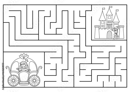 Fairytale black and white maze for kids with fantasy characters. Magic kingdom preschool printable activity with carriage, castle. Geometric labyrinth game, coloring page with princess, prince.