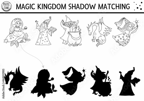 Fairytale black and white shadow matching activity with mermaid, dragon, fairy. Magic kingdom puzzle. Find correct silhouette printable worksheet or game. Fairy tale coloring page for kids.