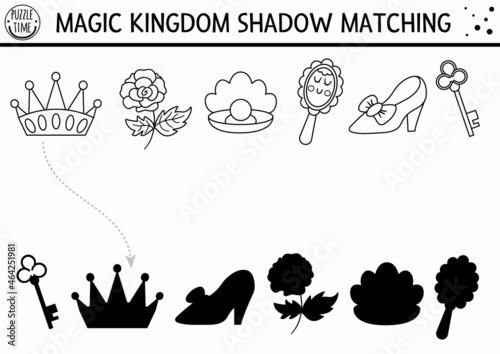 Fairytale black and white shadow matching activity with crown  mirror  shoe. Magic kingdom puzzle. Find correct silhouette printable worksheet or game. Fairy tale coloring page for kids.