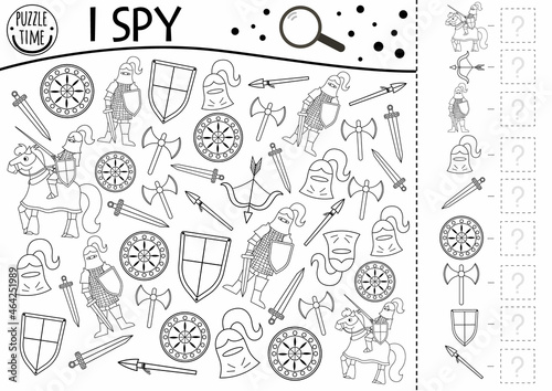 Black and white fairytale fantasy I spy game for kids with knight armor. Searching and counting activity with helmet, horse, sward. Magic kingdom printable worksheet. Simple fairy tale puzzle.