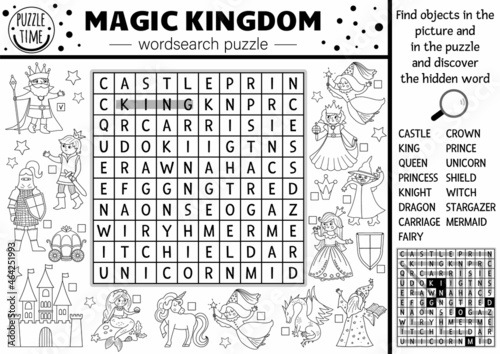 Vector black and white fairytale wordsearch puzzle for kids. Simple magic kingdom crossword with fantasy creatures. Coloring page activity with castle, princess, unicorn. Fairy tale cross word.