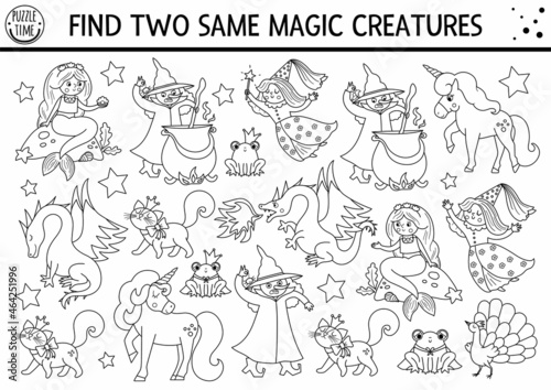 Find two same magic creatures. Black and white fairytale matching activity for children. Fantasy kingdom quiz worksheet or coloring page. Simple printable game with dragon, witch, unicorn.