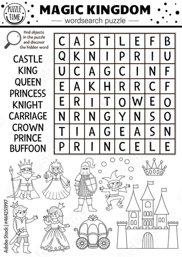 Vector fairytale black and white wordsearch puzzle for kids. Magic kingdom crossword or coloring page with fantasy creatures. Activity with knight, castle, princess, king. Fairy tale cross word.