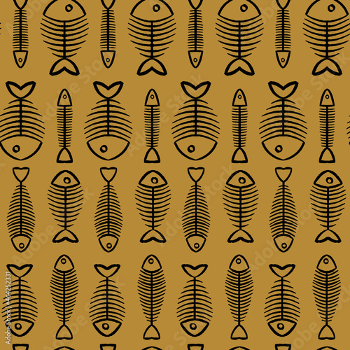 Fish bones pattern in black with mustard yellow background. Vector art print design. Great for kids and fun home decor projects. Surface pattern design.