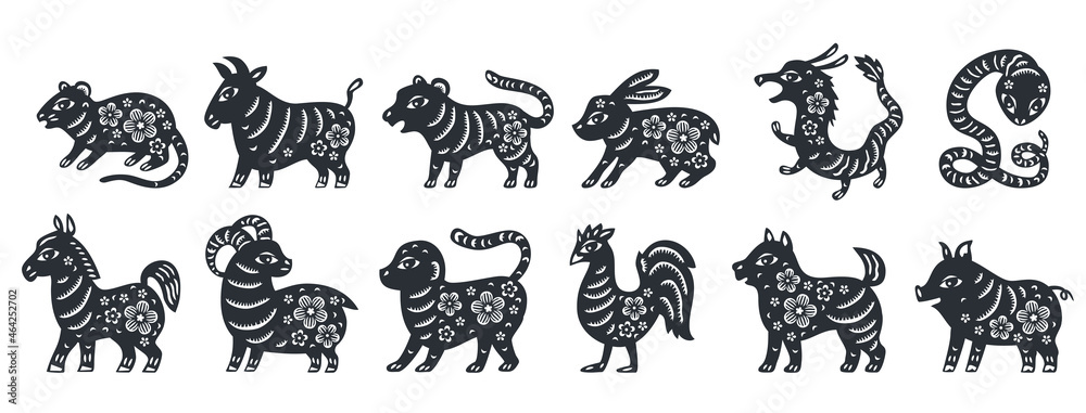 Traditional chinese zodiac illustrations. Set of all 12 zodiac animals for Chinese New Year celebration design. Vector illustrations in paper cut style. For laser cutting