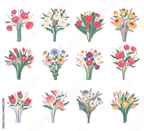 Flower bouquet. Set of bright spring blooming flowers, wildflowers isolated on a white background. Cartoon flat vector illustration. Tulips, roses, 