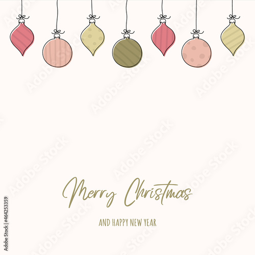 Design of a card with hanging Christmas balls and wishes. Vector