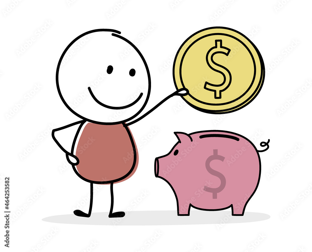 Funny stickman with piggy bank and dollars. Money saving concept. Vector Funny stickman with piggy bank and dollars. Money saving concept. Vector