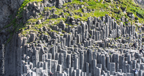 Columns of Basalt on the black sand beach of Reynisfjara in Iceland 