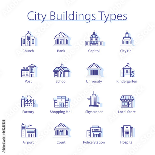 City buildings types set, bank, school, hospital