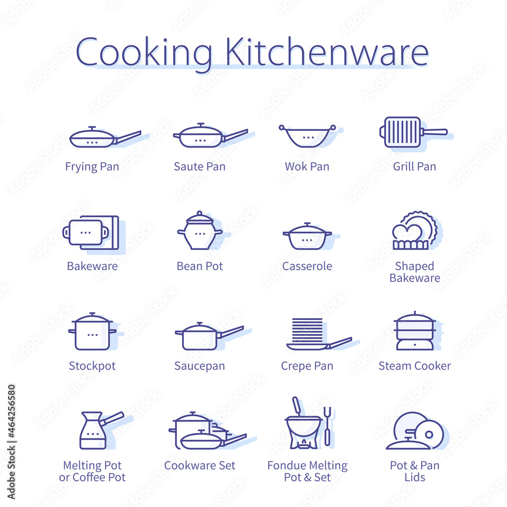 Cooking kitchenware set. Frying, wok, grill, pan