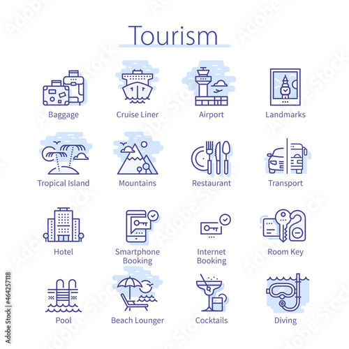 Tourism icons set. Hotel, restaurant, airport pack