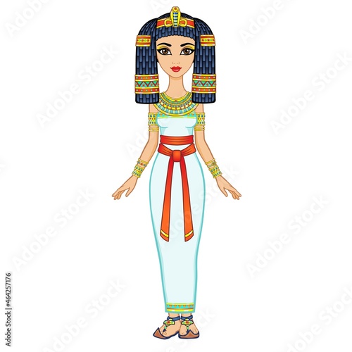 Animation Egyptian princess in ancient clothes and wig, gold jewelry. Queen, goddess, princess. Full growth. Vector illustration isolated on a white background.