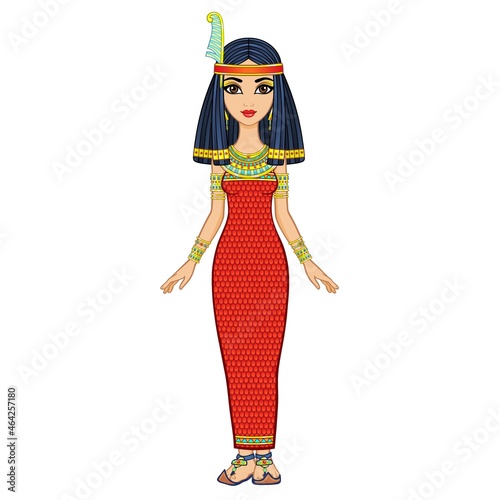 Animation portrait of ancient Egyptian goddess Maat in a wig with a bird pen. Full growth. Vector illustration isolated on a white background.