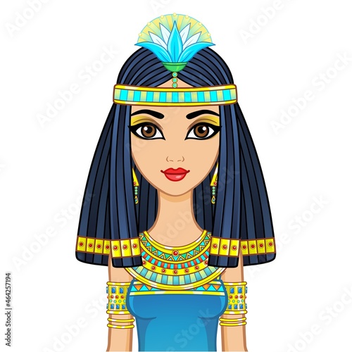 Animation portrait Egyptian  girl in ancient clothes with a papyrus flower on the head. Queen, goddess, princess. Vector illustration isolated on a white background.