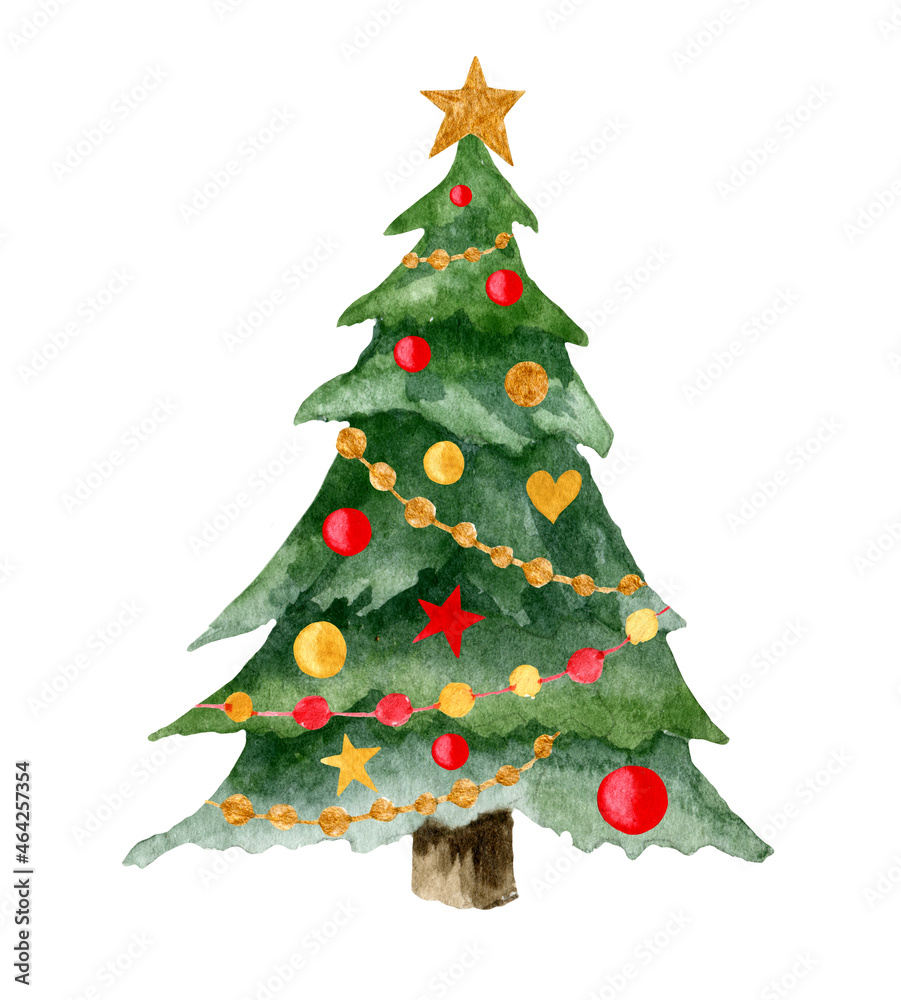 Watercolor Christmas Tree with colorful red and gold toys and garlands. Hand painted illustration of evergreen Spruce for New Year postcards and greeting cards. isolated element on white background