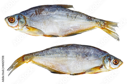 Two cured white-eye bream (Ballerus sapa) fishes isolated on a white background
