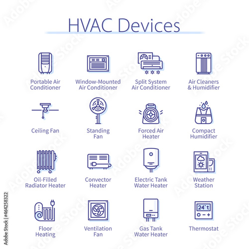 HVAC devices set. Air humidifier, conditioner, fan