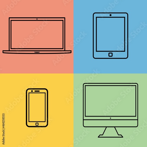 New device icon flat set in black mobile, laptop, computer monitor, tablet on isolated color.