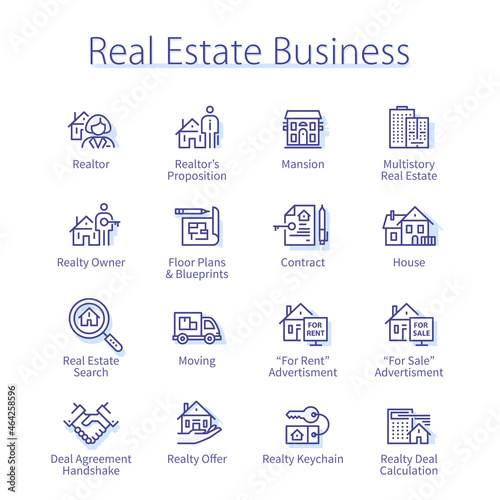 Real estate business set, realtor person, building