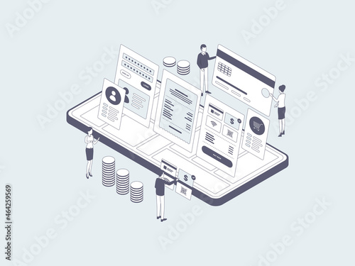 Detail Mobile Payment Isometric Illustration Lineal Grey. Suitable for Mobile App, Website, Banner, Diagrams, Infographics, and Other Graphic Assets.