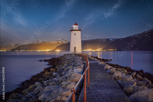 Starry night over Høgstein lighthouse on Godøy, Norway