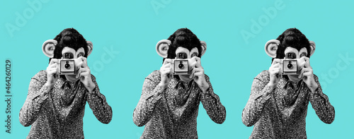Photography monkey men taking pictures, web banner