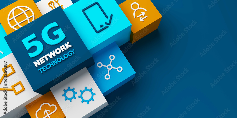 3D render of view of 5G NETWORK TECHNOLOGY business concept with symbols on colorful cubes on dark blue background 3D render of view of 5G NETWORK TECHNOLOGY business concept with symbols on colorful cubes on dark blue background