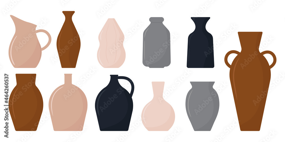 Set of acient ceramic vases of different shapes. Wine jar, amphora, urn, vase, pot, pitcher. Collection of handmade ceramics. Pottery elements. Vector illustration in flat style Set of acient ceramic vases of different shapes. Wine jar, amphora, urn, vase, pot, pitcher. Collection of handmade ceramics. Pottery elements. Vector illustration in flat style