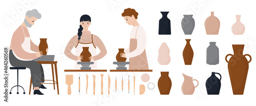 Set of acient ceramic vases, clay tools and people making pots on wheel. Wine jar, amphora,  urn,  pot, pitcher. Collection of handmade ceramics. Pottery elements. Vector illustration in flat style