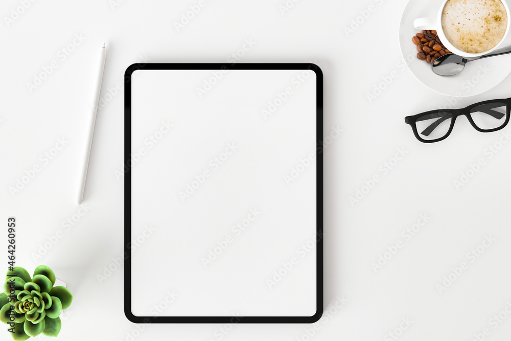 Top view of blank screen tablet on white working desk Top view of blank screen tablet on white working desk