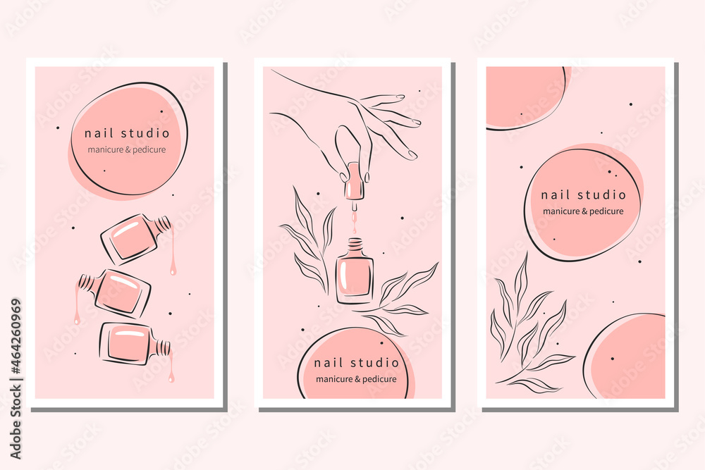 Set of design for nail studio for social media posts and stories, mobile apps. Nail polish, nail brush, manicured female hands. Vector illustrations