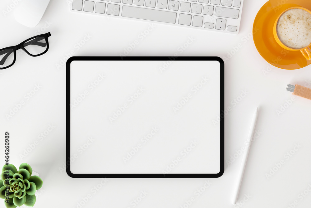 Top view of blank screen tablet on white working desk Top view of blank screen tablet on white working desk