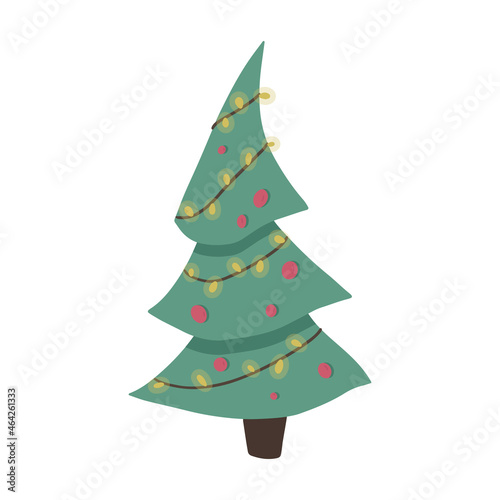 Christmas tree with balls and a garland. Vector illustration in cartoon style. Isolated on white background