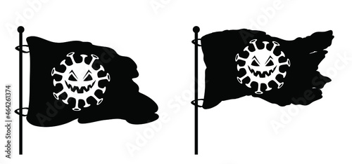Flag with Coronavirus Covid and pumpkins face icon. Black piracy flag icon. Cartoon style pirate skull. Vector jack o lantern pictogram. 31 october fest. 