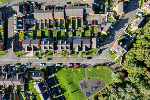 Aerial view of housing estate in England. Looking straight down satellite image style.British neighbourhood.