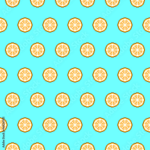 simple vector pixel art multicolor endless pattern of orange fruit or lemon slice. seamless pattern of orange or grapefruit slices in the style of retro video games