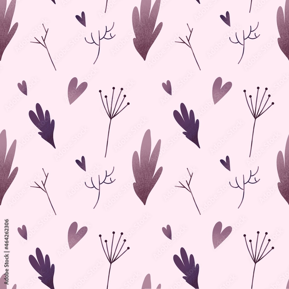 Pink pattern with leaves and hearts Pink pattern with leaves and hearts