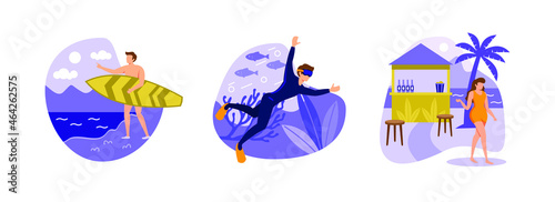 Summer beach activities, Diving school, Beach bar. Summer resort abstract concept vector exclusive illustration set.