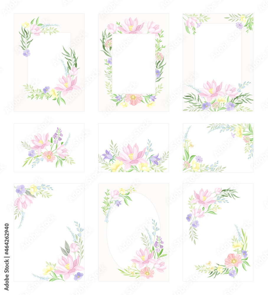 Floral frames in pastel colors set. Wedding invitation, postcard, poster, flyer with flowers vector illustration