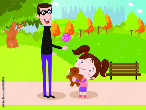 Kidnapping vector concept: Kidnapper giving lollipop to little girl in the park when she playing alone 